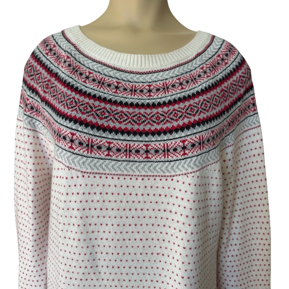Talbots Sweater Fair Isle Nordic Lambs Wool Blend Large White Red Knit Pullover